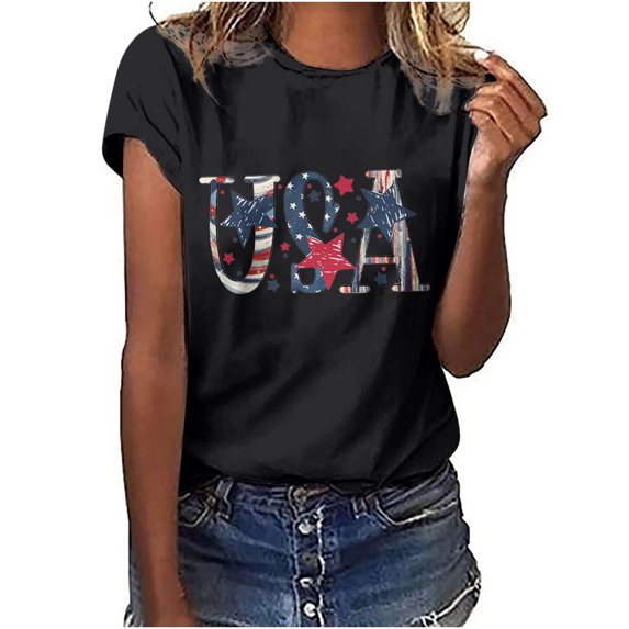 Dyegold Summer Tops for Women 2023 Trendy, Loose Dressy Tops for Women USA Letter Print 4th July T-Shirts Short Sleeve Round Neck Tunic Tops Hide Belly Tops