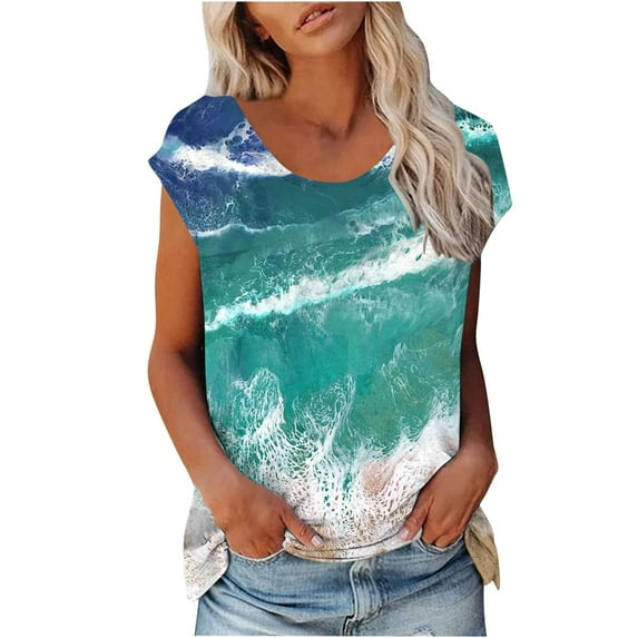 Dyegold Summer Tops for Women 2023 Trendy, Loose Summer Tops for Women 2023 Trendy Beach Tide Print T-Shirts Cap Sleeve Round Neck Blouses Dressy Casual Tops