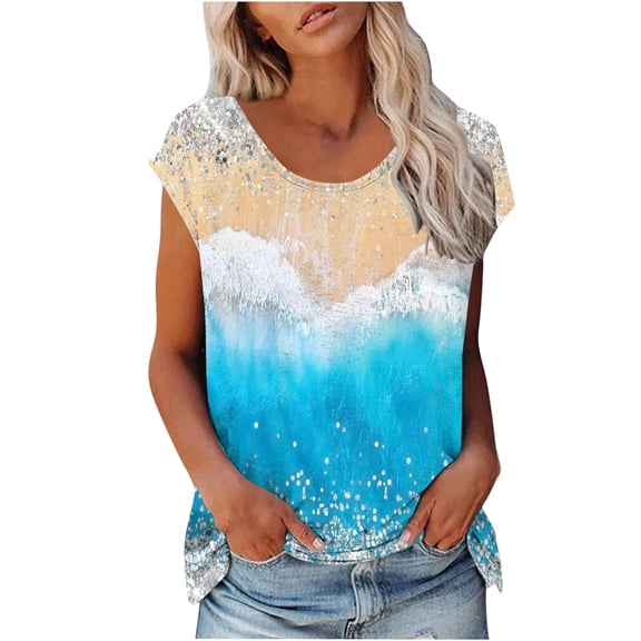 Dyegold Summer Tops for Women 2023 Trendy, Loose Summer Tops for Women 2023 Trendy Beach Tide Print T-Shirts Cap Sleeve Round Neck Blouses Dressy Casual Tops