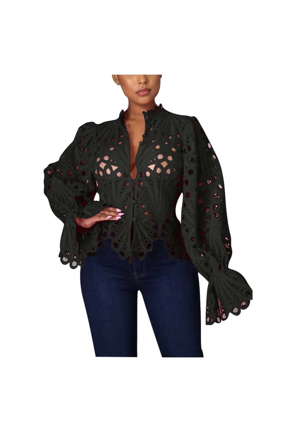 Summer Tops for Women 2023 Trendy, Loose Womens Summer Tops Dressy Casual Lace Crochet T-Shirts Flare Long Sleeve V Neck Blouses Sexy Hollow Out Tops