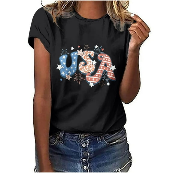 Dyegold Summer Tops for Women 2023 Trendy, Plus Size Tops for Women USA Letter Print Patriotic Henley Shirts Round Neck Short Sleeve Loose Comfy ​Tunic Tops