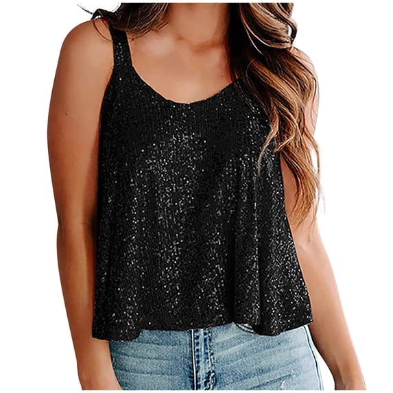Dyegold Summer Tops for Women 2023 Trendy, Round Neck Going Out Tank Tops for Women Sequin Dressy Sparkle Tshirt Sleeveless Party Club Cocktail Cami Tunic Tops