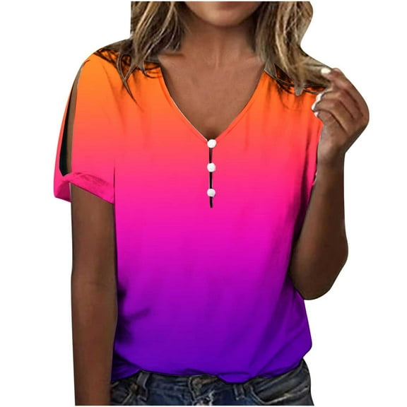 Dyegold Summer Tops for Women 2023 Trendy, Short Sleeve Summer Tops for Women 2023 Trendy Ombre Gradient Button Shirts Tee Casual Loose V-Neck Blouses ​Tunics