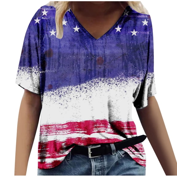 Dyegold Summer Tops for Women 2023 Trendy, Short Sleeve Womens Blouses and Tops Casual American Flag Print Henley Shirts Loose V-Neck Comfy Cute ​Tunics Tops