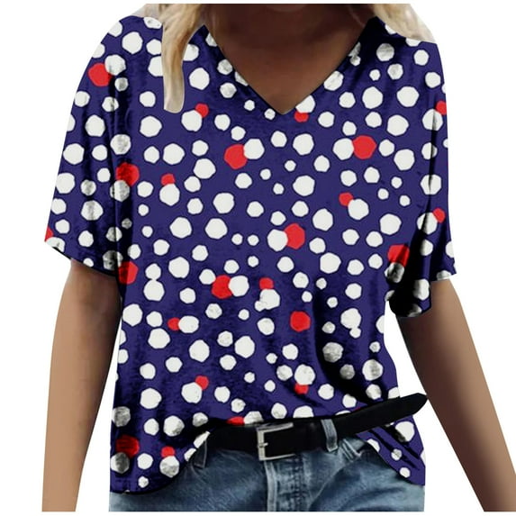 Dyegold Summer Tops for Women 2023 Trendy, Short Sleeve Womens Blouses and Tops Casual American Flag Print Henley Shirts Loose V-Neck Comfy Cute Tunics Tops