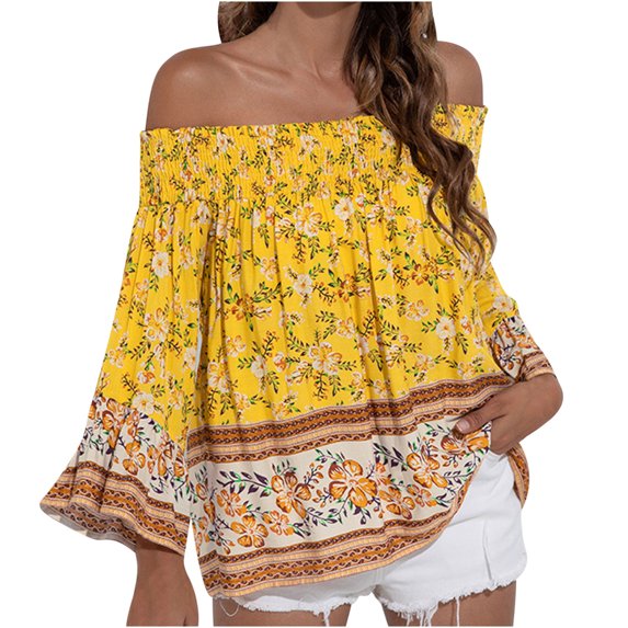 Dyegold Summer Tops for Women 2023 Trendy, Summer Boho Tops for Women Bohemian Floral Print T-Shirts Bell Sleeve Off Shoulder Blouse Dressy Casual Cute Tunics