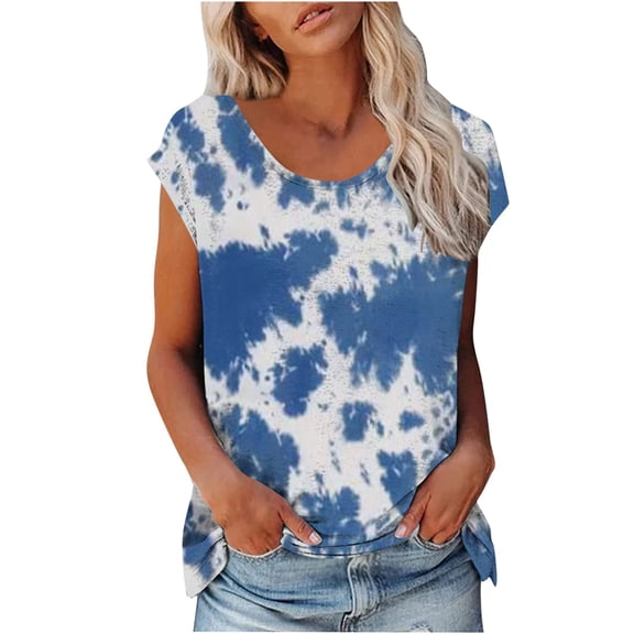 Dyegold Summer Tops for Women 2023 Trendy, Summer Cute Tops for Women Trendy Going Out Tie Dye T-Shirts Casual Cap Sleeve Crewneck Blouse Loose ​Tunics Tops