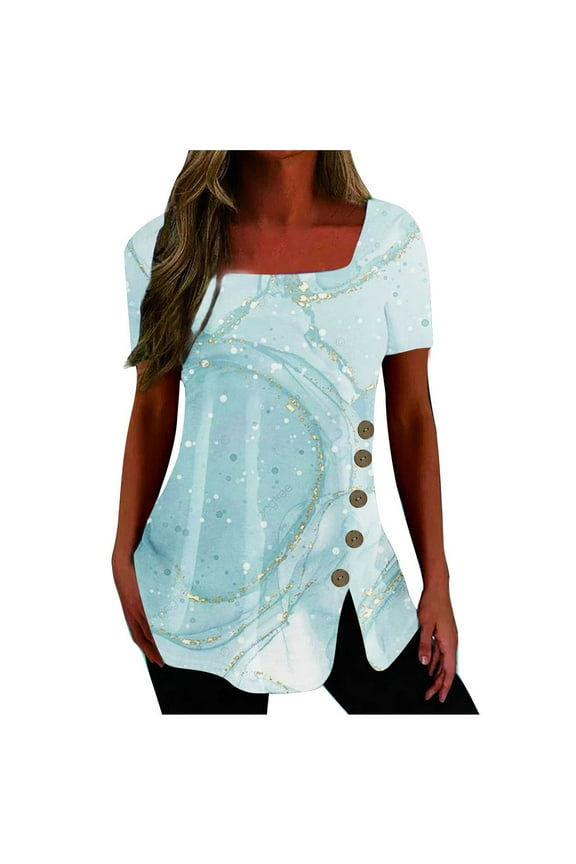 Dyegold Summer Tops for Women 2023 Trendy, Summer Shirts for Women Side Slit Button Ombre Tshirt Square Neck Short Sleeve Blouses Vintage Floral Print ​Tunics