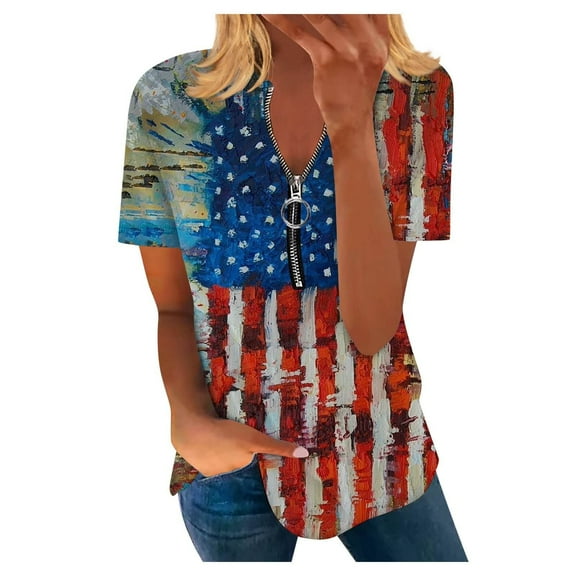 Dyegold Summer Tops for Women 2023 Trendy, Summer Tops for Women USA Star Stripes Fourth July Tshirts Half Zip V Neck Short Sleeve Blouse American Flag ​Tunics
