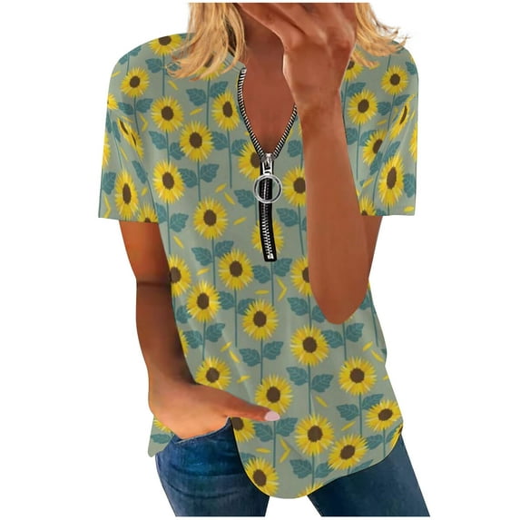 Dyegold Summer Tops for Women 2023 Trendy, Summer Womens Blouses and Tops Casual Sunflower Print Zipper Tshirt Short Sleeve V-Neck Tunic Tops Comfy Cozy Shirt