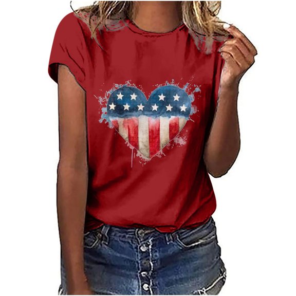 Dyegold Summer Tops for Women 2023 Trendy, Women Tops and Blouses Heart American Flag Patriotic Tshirts Crewneck Short Sleeve Blouses Casual Loose Fit ​Tunics