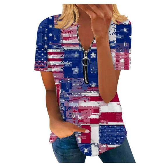 Dyegold Summer Tops for Women 2023 Trendy, Womens Plus Size Tops American Flag 4th July T-Shirts Half Zipper V-Neck Short Sleeve Tunic Tops Casual Dressy Tops