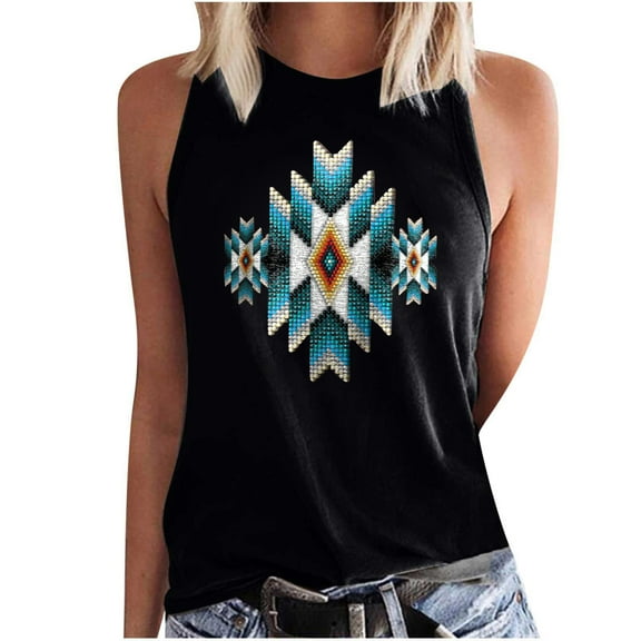 Dyegold Summer Tops for Women 2023, Western Ethnic Style Print Womens Tank Tops Dressy Casual Loose Basic Tunics T-Shirts Sleeveless Round Neck ​Blouses