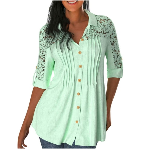 Dyegold Summer Tops for Women 2023, Women Tops and Blouses Button Down Pleated Blouses Loose Fit Casual Tshirts Roll-Up Sleeve V Neck Button Up Tunics Top