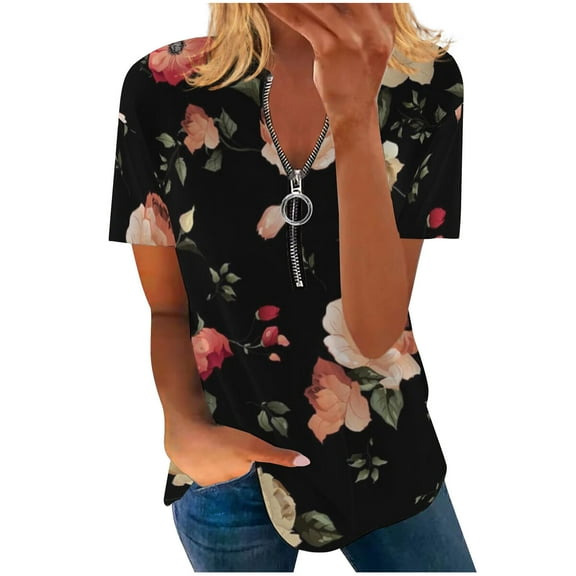 Dyegold Summer Tops for Women 2023, Women Tops Dressy Casual Loose Sunflower Print Zipper Blouses Comfy Cozy Short Sleeve Henley Shirts V-Neck ​Tunics Tops