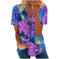 thumbnail image 1 of Dyegold Summer Tops for Women 2023, Women Tops Dressy Casual Loose Sunflower Print Zipper Blouses Comfy Cozy Short Sleeve Henley Shirts V-Neck ​Tunics Tops, 1 of 5