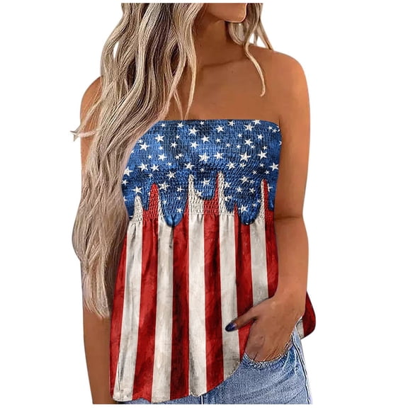 Dyegold Summer Tops for Women 2023, Women's Summer Tube Tops American Flag 4th July ​Summer Smocked Strapless Tunics Off Shoulder Bandeau Sleeveless Shirts