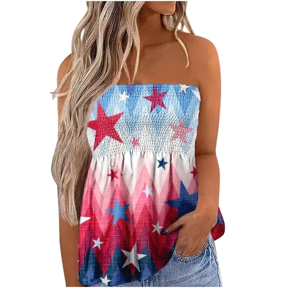 Dyegold Summer Tops for Women 2023, Women's Summer Tube Tops American Flag 4th July ​Summer Smocked Strapless Tunics Off Shoulder Bandeau Sleeveless Shirts
