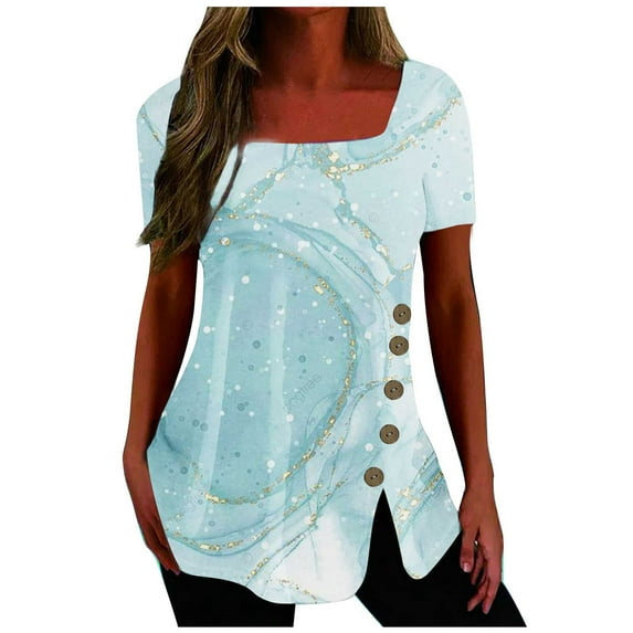 Dyegold Summer Tops for Women 2023, Womens Summer Dressy Casual Tops Square Neck Side Split Button Blouse Loose Flowy Ombre Floral Print Tunic Henley Shirt