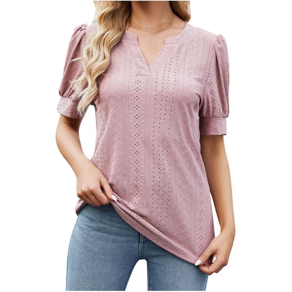 Dyegold Summer Tops for Women 2023, Womens Summer Tops Dressy Casual Solid Color Crochet Blouses Casual Flowy Shirts Tee Puff Sleeve V-Neck ​Tunic Tops
