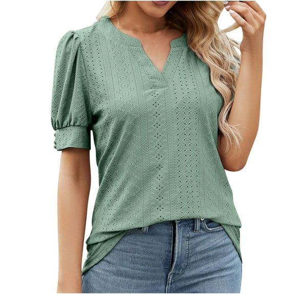 Dyegold Summer Tops for Women 2023, Womens Summer Tops Dressy Casual Solid Color Crochet Blouses Casual Flowy Shirts Tee Puff Sleeve V-Neck Tunic Tops