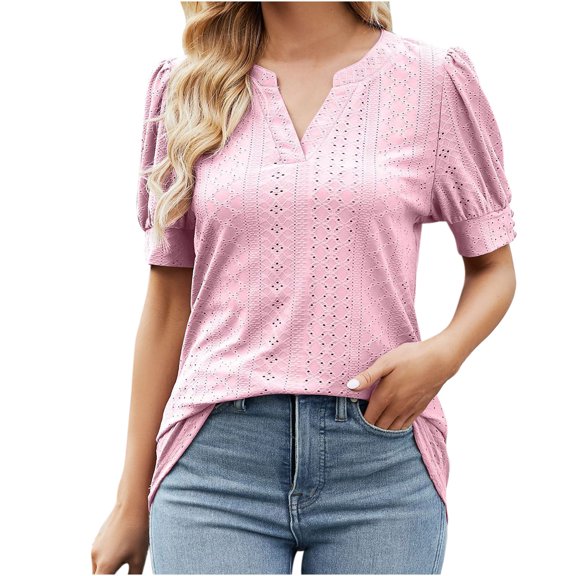 Dyegold Summer Tops for Women 2023, Womens Summer Tops Dressy Casual Solid Color Crochet Blouses Casual Flowy Shirts Tee Puff Sleeve V-Neck ​Tunic Tops