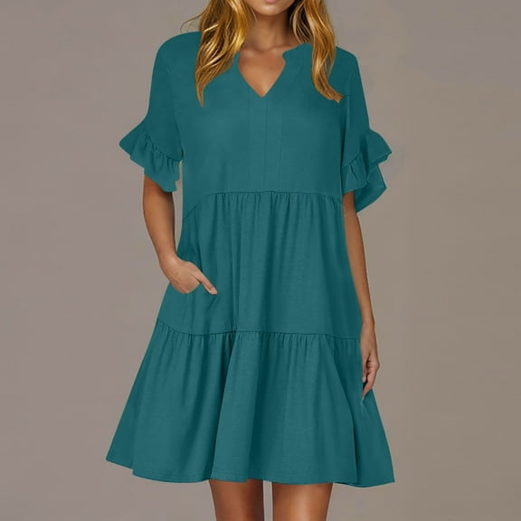 Dyegold Sun Dresses Women Summer Casual Short Sleeve Boho Ruffle Flowy Swing Mini Sundresses for Women Floral Print Plus Size Dress for Women V Neck Graduation Dress