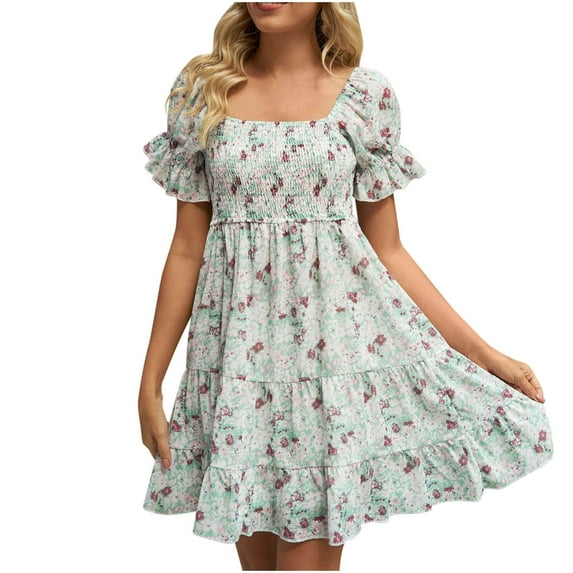 Dyegold Sun Dresses Women Summer Casual Short Sleeve Boho Ruffle Flowy Swing Mini for Women Floral Print Plus Size Dress for Women V Neck Graduation Dress