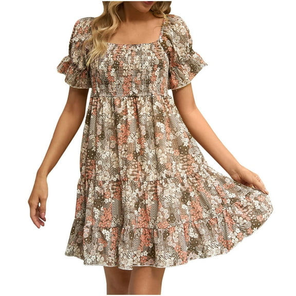 Dyegold Sun Dresses Women Summer Casual Short Sleeve Boho Ruffle Flowy Swing Mini for Women Floral Print Plus Size Dress for Women V Neck Graduation Dress