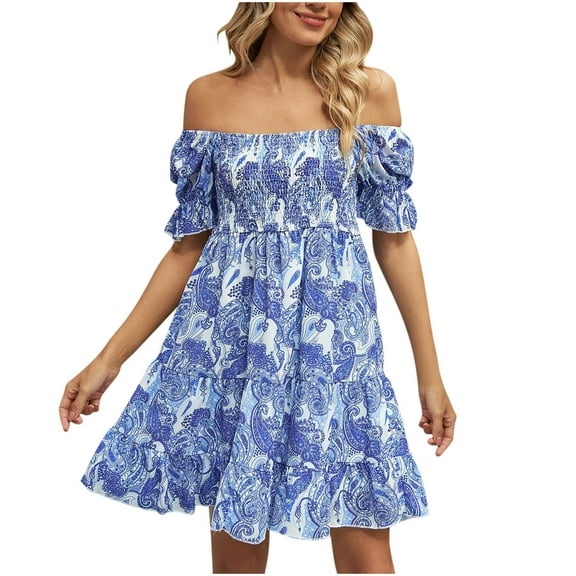 Dyegold Sun Dresses Women Summer Casual Short Sleeve Boho Ruffle Flowy Swing Mini for Women Floral Print Plus Size Dress for Women V Neck Graduation Dress