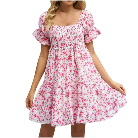 Dyegold Sun Dresses Women Summer Casual Short Sleeve Boho Ruffle Flowy Swing Mini for Women Floral Print Plus Size Dress for Women V Neck Graduation Dress