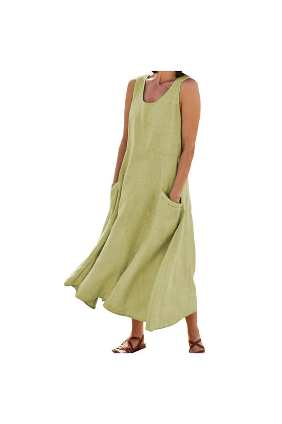 Dyegold Sun Dresses Women Summer Casual Sleeveless Linen Cotton Flowy Pocket Long Maxi Sundresses for Women Solid Color Plus Size Dress for Women V Neck Graduation Dress