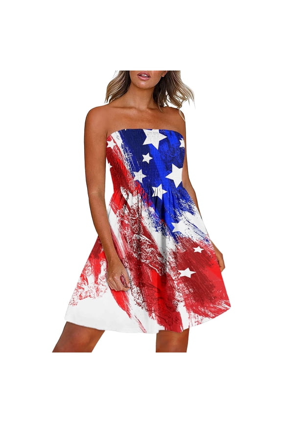 Dyegold Sun Dresses Women Summer Casual Sleeveless Sexy Tube Strapless Smocked Mini Sundresses for Women Boho Tie-Dye Plus Size Dress for Women Off the Shoulder Graduation Dress
