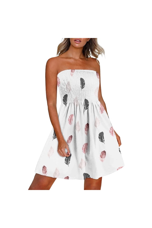 Sun Dresses Women Summer Casual Sleeveless Sexy Tube Strapless Smocked Mini Sundresses for Women Boho Tie-Dye Plus Size Dress for Women Off the Shoulder Graduation Dress