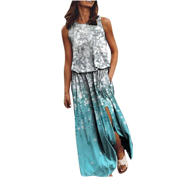 Dyegold Sundresses for Women Casual Beach - Beach Dress Womens Round Neck Sleeveless Marble Print Side Slit Maxi Shirt Sun Dresses Summer Beach Birthday Dresses