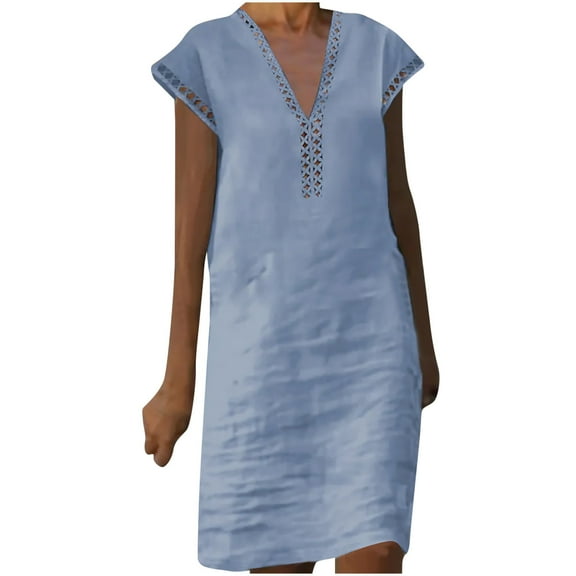 Dyegold Sundresses for Women Casual Beach - Boho Dress for Women V Neck Short Sleeve Plus Size Hollw Out Midi Sundresses ​Loose Fit Summer ​Birthday ​Shirt Dresses
