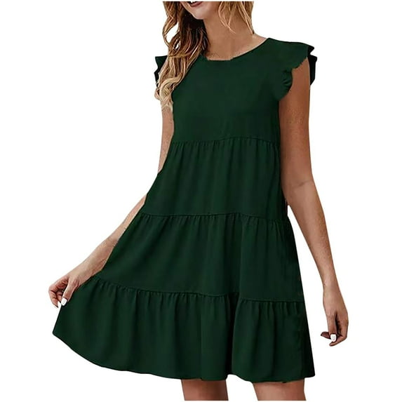 Dyegold Sundresses for Women Casual Beach - Church Dresses for Women 2023 Round Neck Sleeveless Ruffle Solid Color Tiered Midi Sun Dress Casual Loose Tank Dress