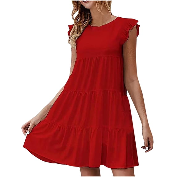 Dyegold Sundresses for Women Casual Beach - Church Dresses for Women 2023 Round Neck Sleeveless Ruffle Solid Color Tiered Midi Sun Dress Casual Loose Tank Dress