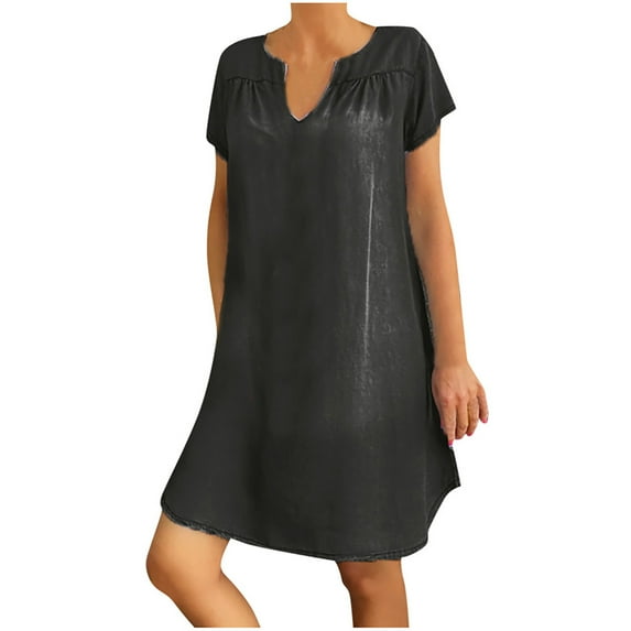 Dyegold Sundresses for Women Casual Beach - Church Dresses for Women 2023 V-Neck Short Sleeve Plus Size Denim Midi Sun Dresses Loose Fit Summer Holiday Dress