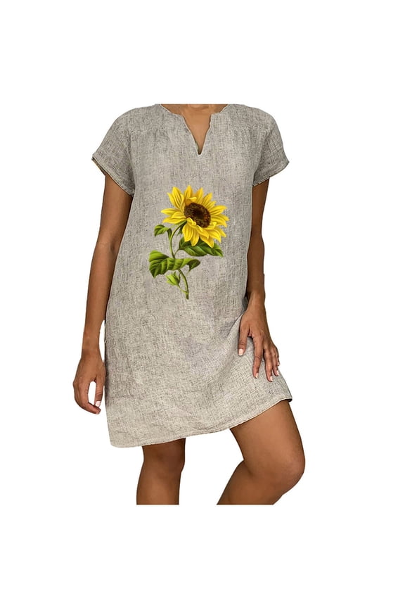 Dyegold Sundresses for Women Casual Beach - Cotton Linen Dresses for Women V Neck Short Sleeve Dandelion Print Midi Sundresses Casual Graduation T Shirt Dresses