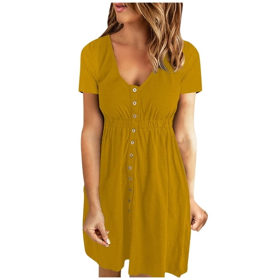 Dyegold Sundresses for Women Casual Beach - Dresses for Guest V-Neck Short Sleeve Button Up Pleated Solid Color Mini Sun Dress ​Plus Size Summer Loose ​​Dress