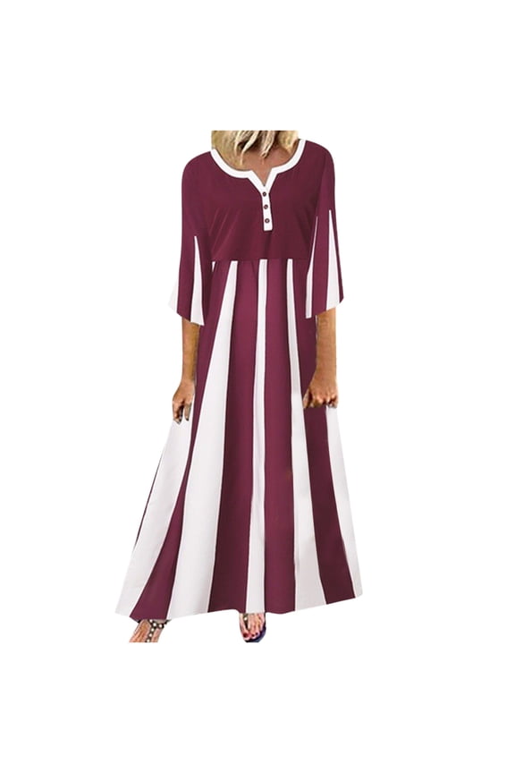 Dyegold Sundresses for Women Casual Beach - Dresses for Women 2023 Casual Round Neck Half Sleeve Striped Button Up Maxi Sundress ​Loose Summer Long ​Evening ​Dress