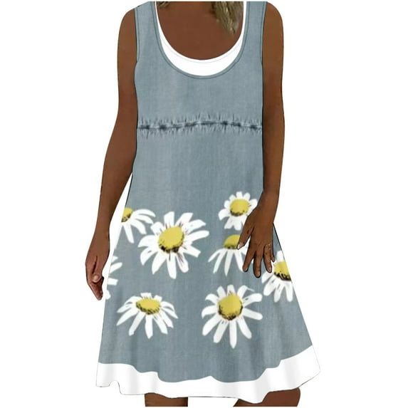 Dyegold Sundresses for Women Casual Beach - Dresses for Women 2023 Plus Size Sleeveless Fake Denim Two-Piece Midi Sundress Loose Fit Summer Birthday Dresses