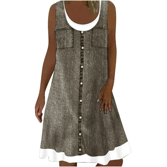 Dyegold Sundresses for Women Casual Beach - Dresses for Women 2023 Plus Size Sleeveless Fake Denim Two-Piece Midi Sundress ​Loose Fit Summer ​Birthday ​Dresses