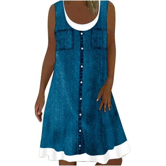 Dyegold Sundresses for Women Casual Beach - Dresses for Women 2023 Plus Size Sleeveless Fake Denim Two-Piece Midi Sundress ​Loose Fit Summer ​Birthday ​Dresses