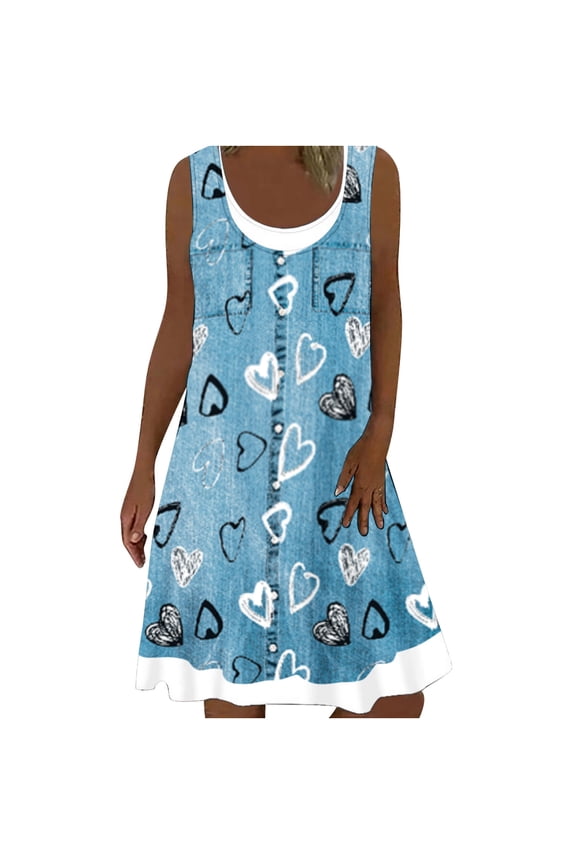 Sundresses for Women Casual Beach - Dresses for Women 2023 Plus Size Sleeveless Fake Denim Two-Piece Midi Sundress Loose Fit Summer Birthday Dresses