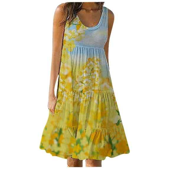 Dyegold Sundresses for Women Casual Beach - Dresses for Women U Neck Sleeveless Bohemian Floral Print Tiered Midi Sun Dresses A-Line Pleated Swing Beach Dress
