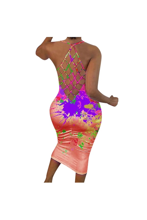 Dyegold Sundresses for Women Casual Beach - Hawaiian Dresses for Women Halter Neck Sleeveless Hollow Out Back Tie Dye Bodycon Midi Sundress ​Slim Fit ​Beach ​Dress