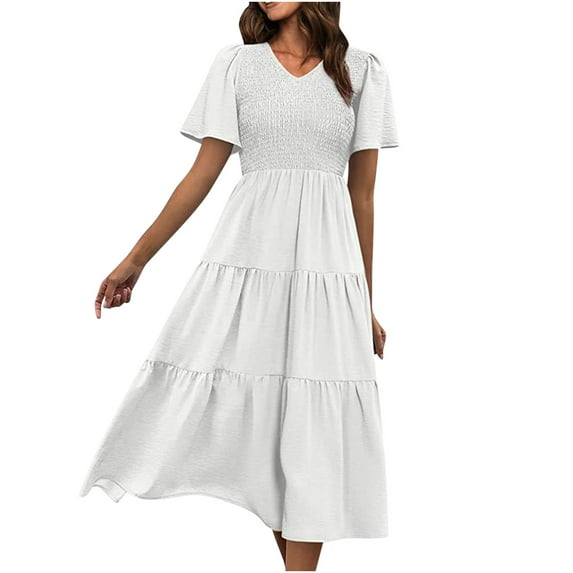 Dyegold Sundresses for Women Casual Beach - Hawaiian Dresses for Women V-Neck Short Sleeve Boho Smocked Ruffle Tiered Maxi Sundresses Elastic Waist Party Dress