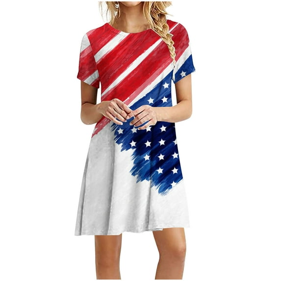 Dyegold Sundresses for Women Casual Beach - Holiday Dresses for Women Patriotic Round Neck Short Sleeve American Flag Midi Tunic Sundress Loose Flowy Swing Dress